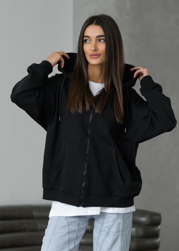 おもち　レディース　BLK S Толстовка жіноча Staff black zip oversize чорна оверсайз стильна
