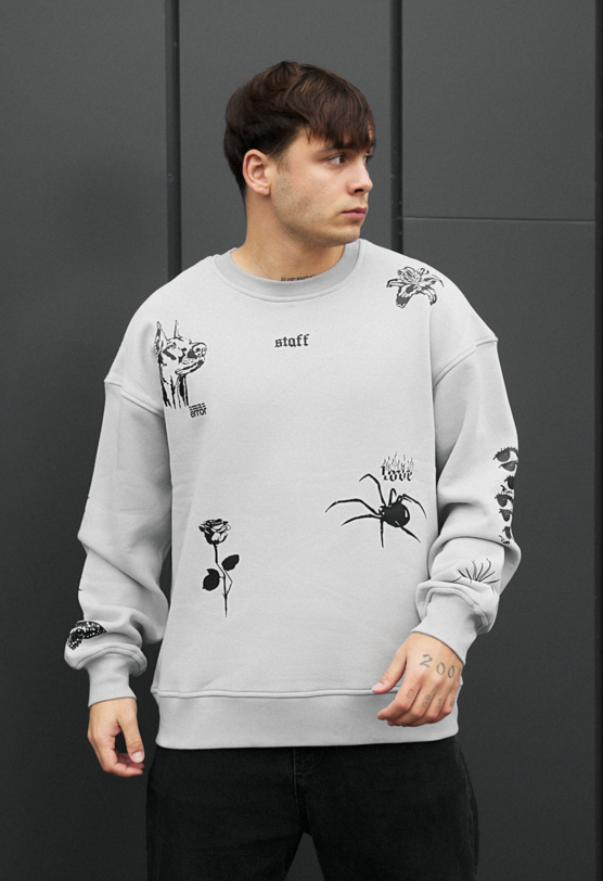 Світшот чоловічий Staff dog & spider oversize fleece світло-сірий
