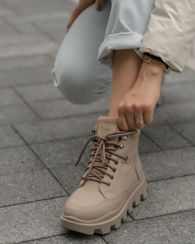 Черевики жіночі Staff beige бежеві брендові нубук еко хутро теплі