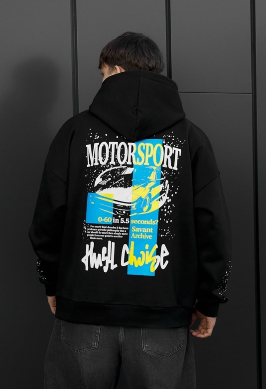 haru♪　0423 Толстовка чоловіча Staff x Husll motorsport oversize fleece чорна