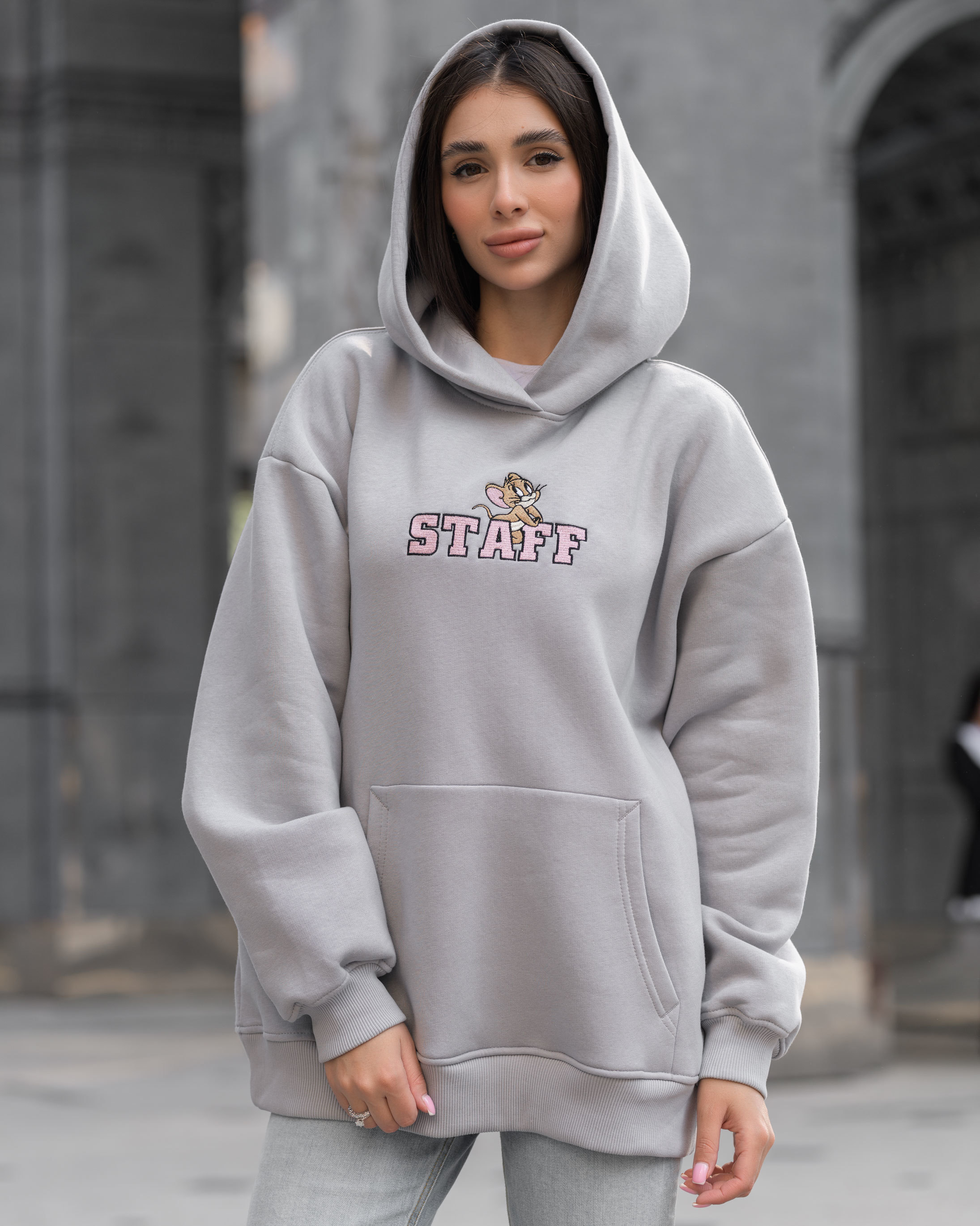 Толстовка жіноча Staff j & logo oversize fleece сіра оверсайз недорога ...