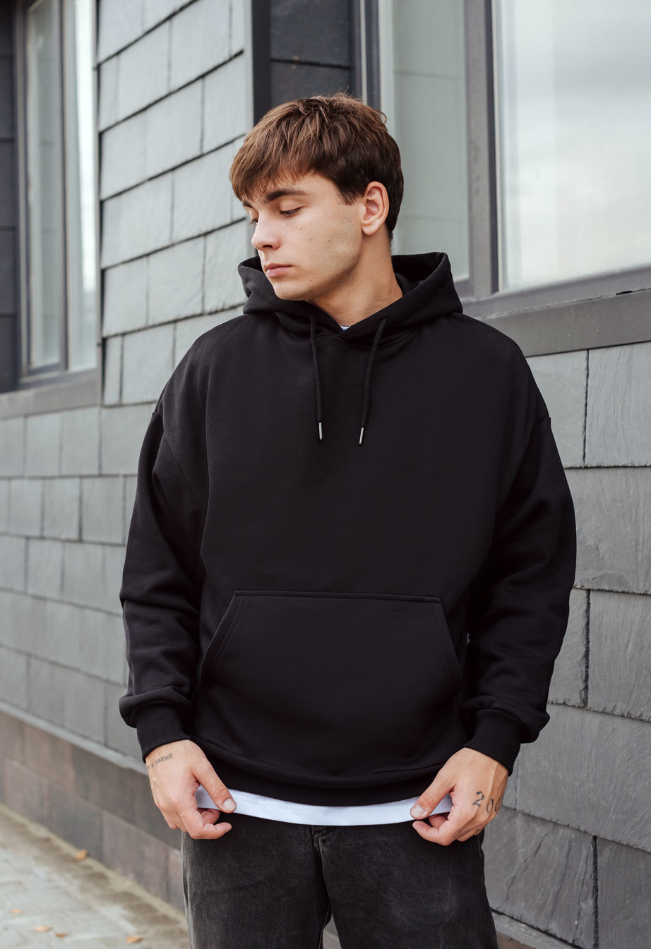 Мужское худи Staff essential oversize fleece черное оверсайз на флисе с  надписью недорогое хлопчатое с принтом утепленное цена