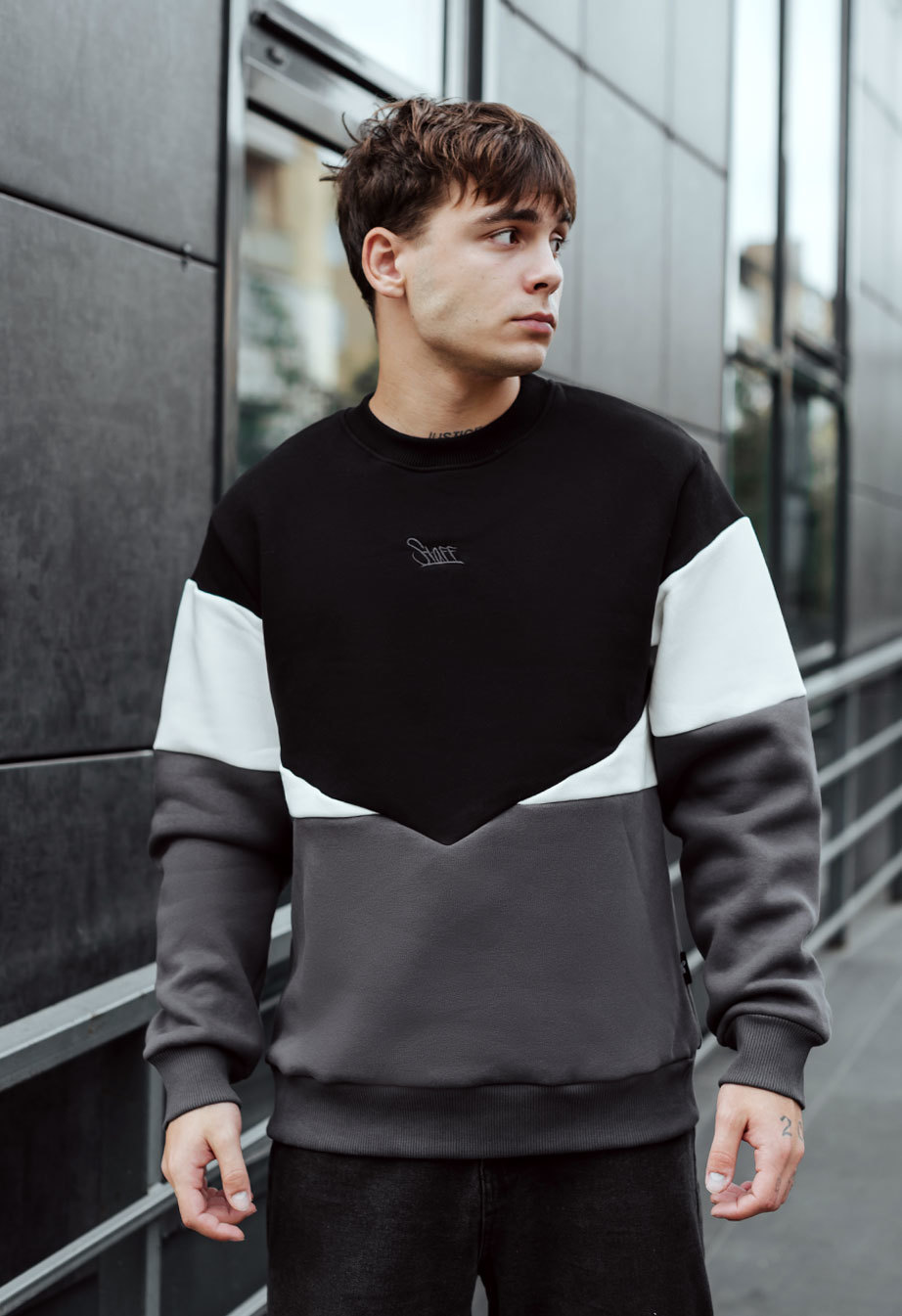 Світшот чоловічий Staff black & gray logo fleece чорно-сіро-білий