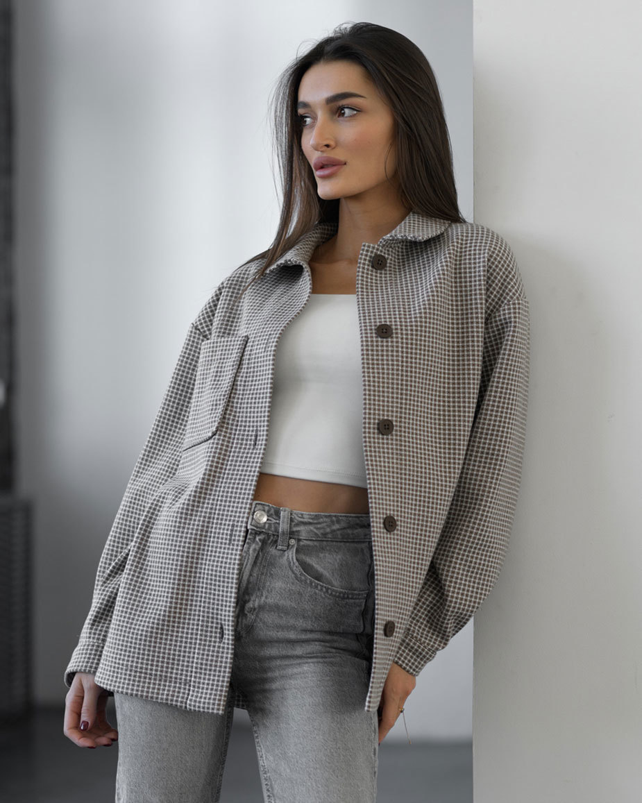 Жіноча сорочка Staff no сіро-біла в клітинку недорога з довгими ...