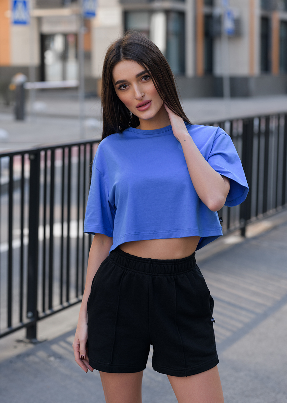 Футболка жіноча Staff blue синя однотонна для жінки укорочена ціна