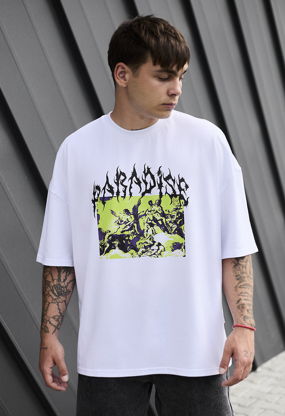 Футболка чоловіча Staff paradise oversize біла з надписом оверсайз