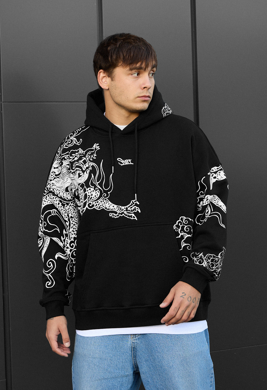 Толстовка чоловіча Staff dragon oversize fleece чорна з принтом