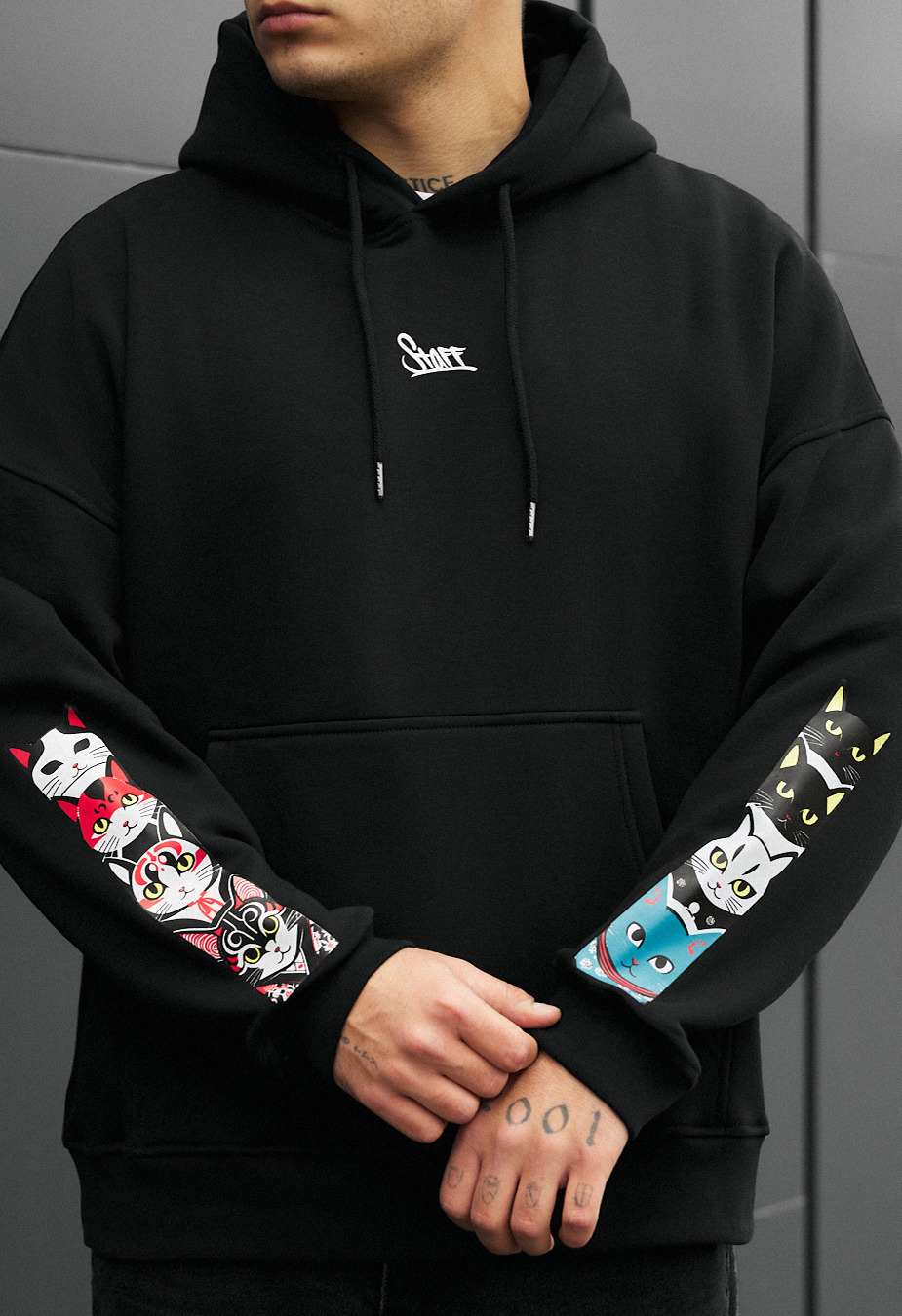 Чоловіче худі Staff cats & logo oversize fleece чорне оверсайз з