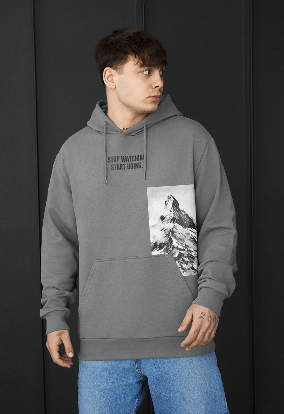 ★　satooo　★ Худі чоловіче Staff start doing oversize сіре з надписом оверсайз