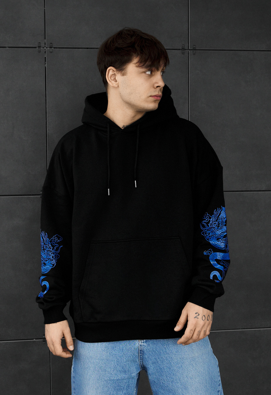 Толстовка чоловіча Staff blue dragon oversize чорна з принтом