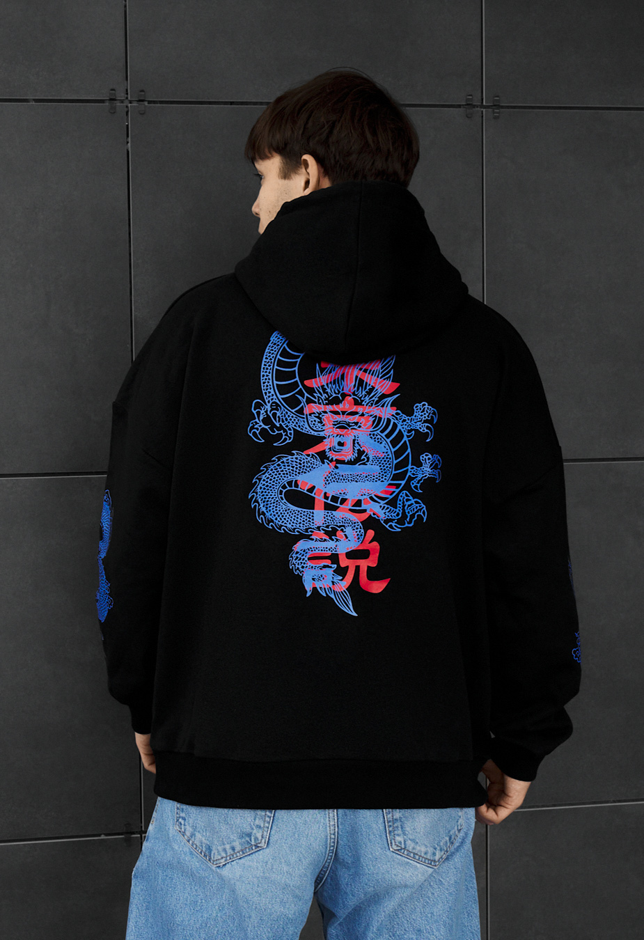 Толстовка чоловіча Staff blue dragon oversize чорна з принтом