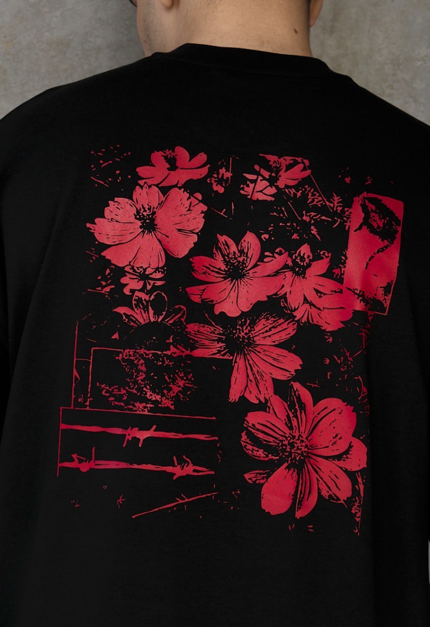 Футболка чоловіча Staff red flowers oversize чорна модна оверсайз