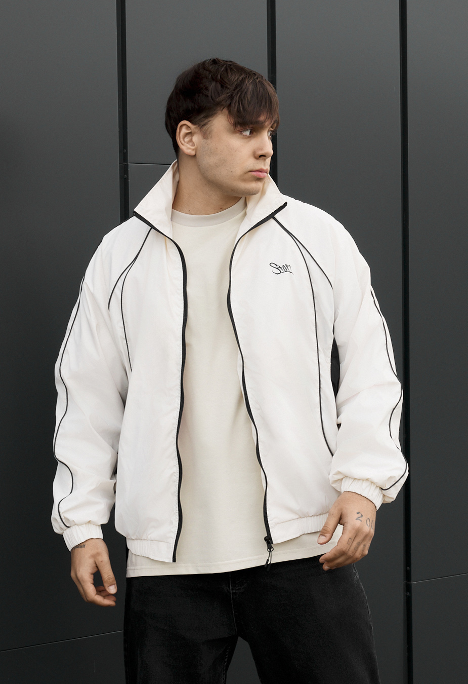  サッカーウェア ホワイトストライプ XLサイズ Вітровка чоловіча Staff ma milk & black reflective oversize